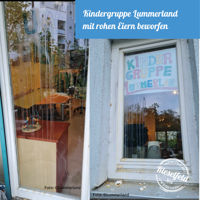 Fenster der Kindergruppe Lu mmerland, die mit rohen Eiern beworfen wurden